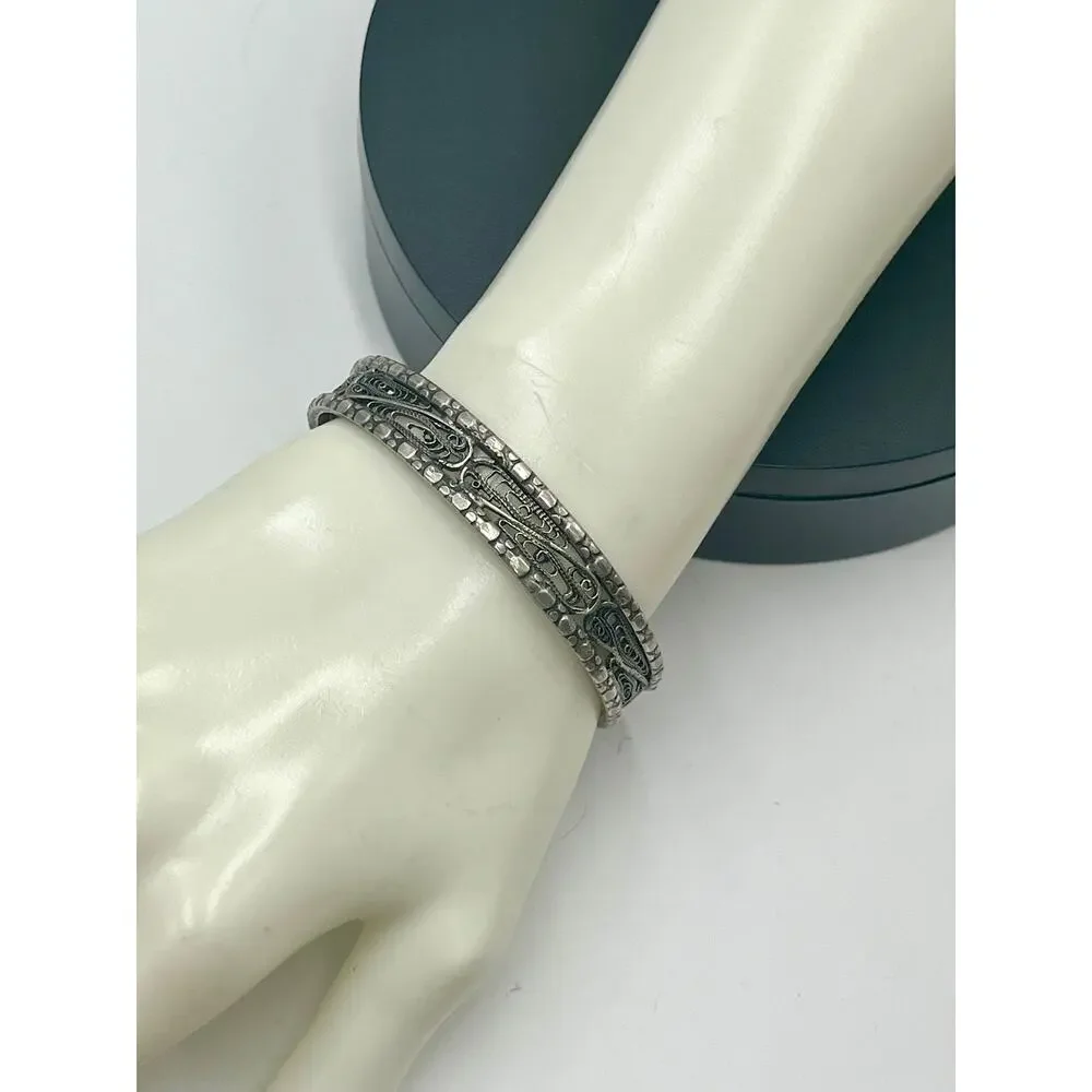 Sterling Silver Signed Open Filigree Nugget Border Cuff Bracelet 31 grams, 7.5”‎